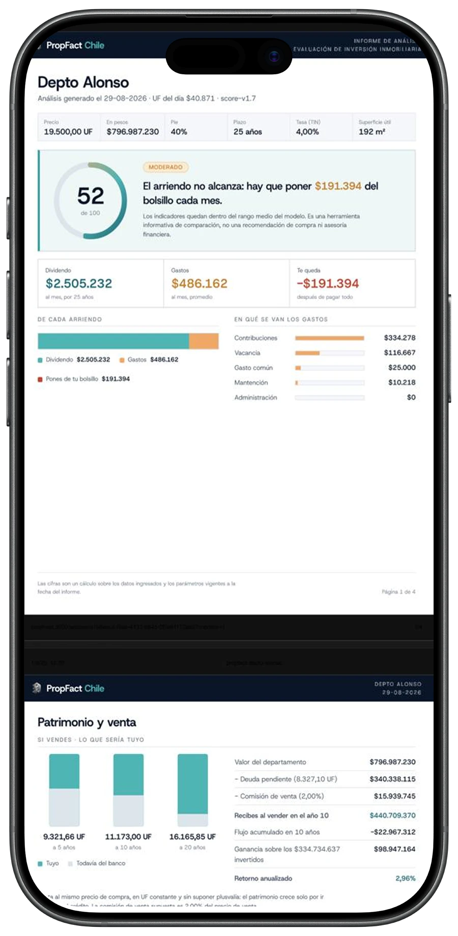 Informe PDF de PropFact en un iPhone